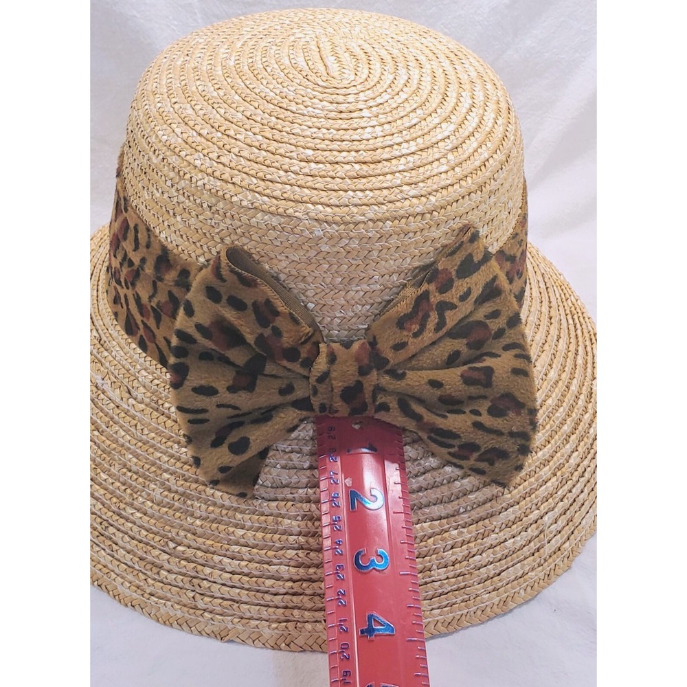 Vtg Natural Straw Bucket Boho Beach Hat Big Brim Chloe Cheetah Band One Size - Picture 4 of 5